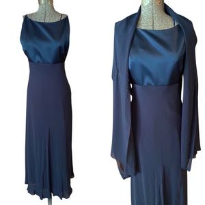 Navy satin/chiffon gown with wrap. EUC
